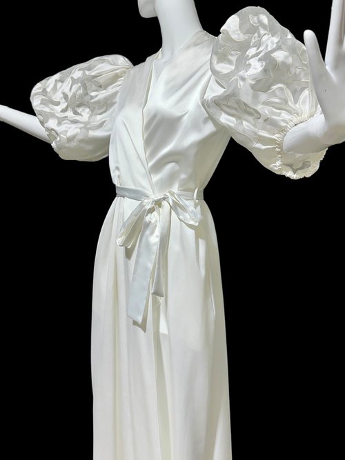 GEORGETTE TRABOLSI, vintage dressing gown robe, White bridal peignoir lingerie, cutout puffed sleeves, wrap front