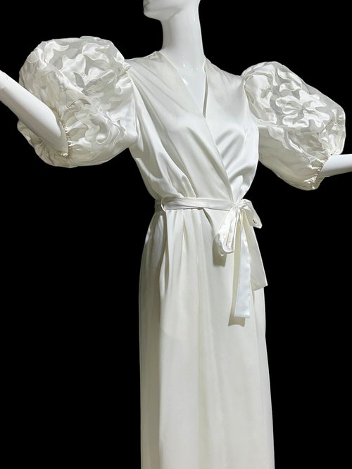 GEORGETTE TRABOLSI, vintage dressing gown robe, White bridal peignoir lingerie, cutout puffed sleeves, wrap front