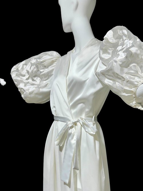 GEORGETTE TRABOLSI, vintage dressing gown robe, White bridal peignoir lingerie, cutout puffed sleeves, wrap front