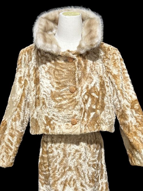 FREISS for BEN GOLD, vintage 1950s jacket skirt set, faux fur suit, 2pc suit, Mink look cropped jacket, 40 bust