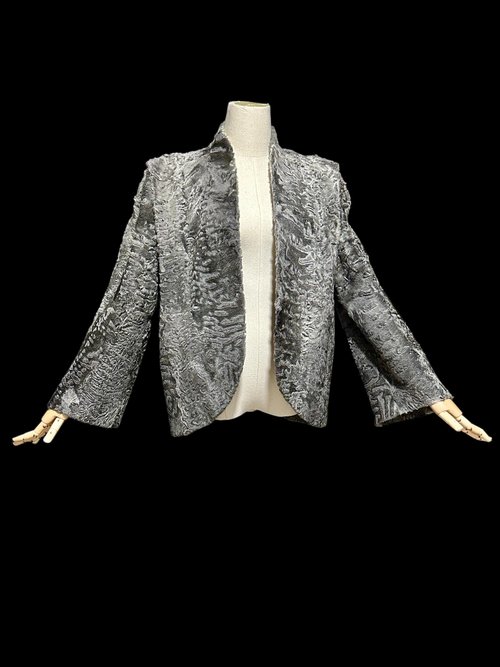 1940s vintage evening coat jacket, Silver Grey Astrakhan Broadtail Lamb jacket, Open front bell sleeves, 42 bust