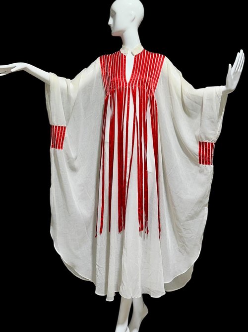 1970s Vintage caftan dress, Sheer breezy white gauzy fabric with streaming red ribbons