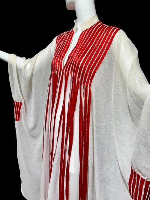 1970s Vintage caftan dress, Sheer breezy white gauzy fabric with streaming red ribbons