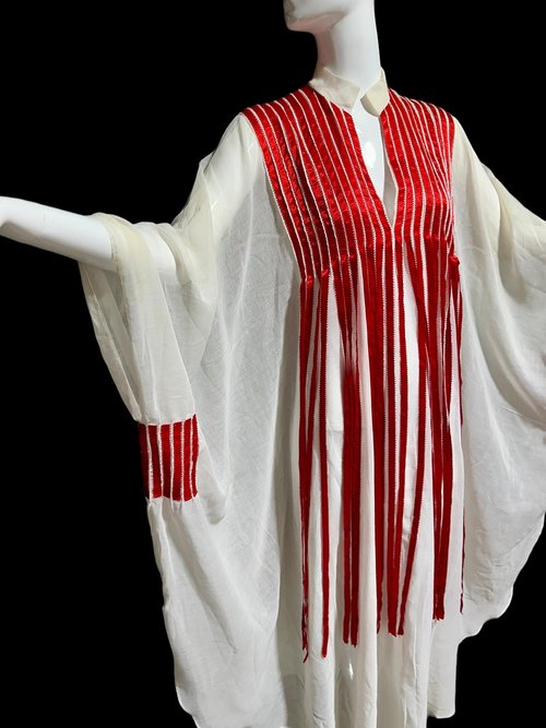 1970s Vintage caftan dress, Sheer breezy white gauzy fabric with streaming red ribbons