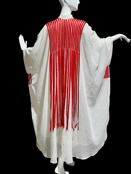 1970s Vintage caftan dress, Sheer breezy white gauzy fabric with streaming red ribbons