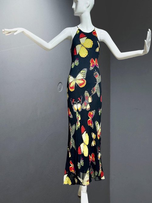 CACHE vintage 1990s Butterfly dress, Bias cut butterfly print sheath slip dress, bodycon maxi dress, cocktail party evening dress