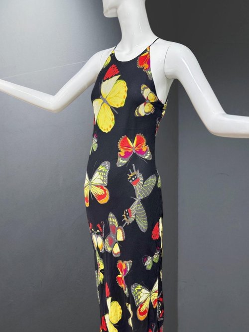 CACHE vintage 1990s Butterfly dress, Bias cut butterfly print sheath slip dress, bodycon maxi dress