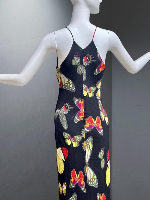 CACHE vintage 1990s Butterfly dress, Bias cut butterfly print sheath slip dress, bodycon maxi dress