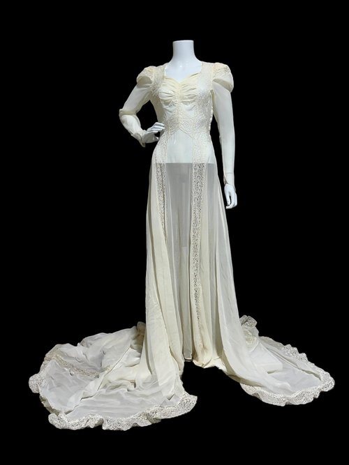 1940s vintage wedding dress, sheer white long sleeve sheath slip gown with train