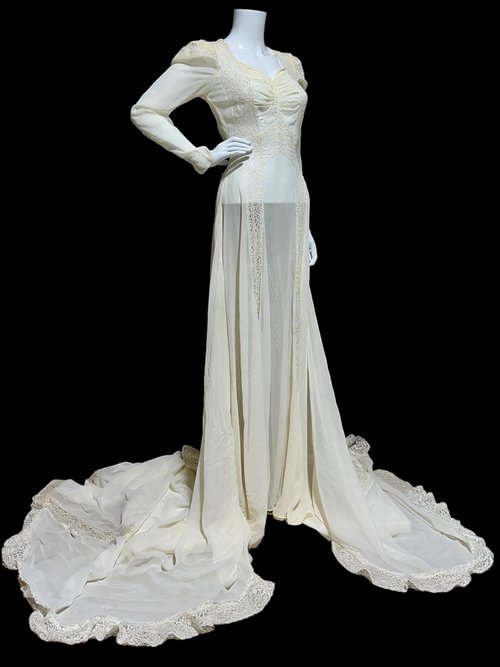 1940s vintage wedding dress, sheer white long sleeve sheath slip gown with train