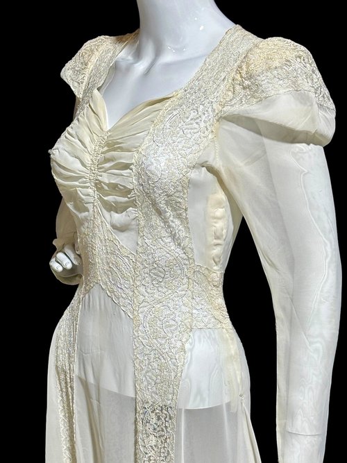 1940s vintage wedding dress, sheer white long sleeve sheath slip gown with train