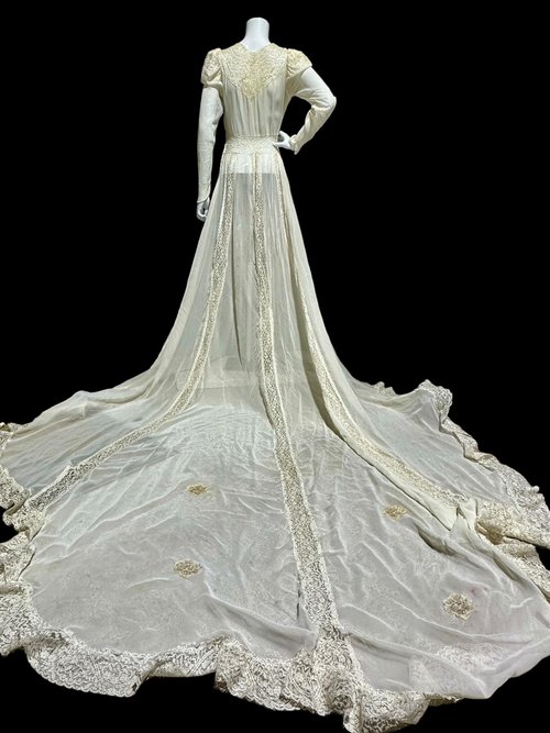 1940s vintage wedding dress, sheer white long sleeve sheath slip gown with train