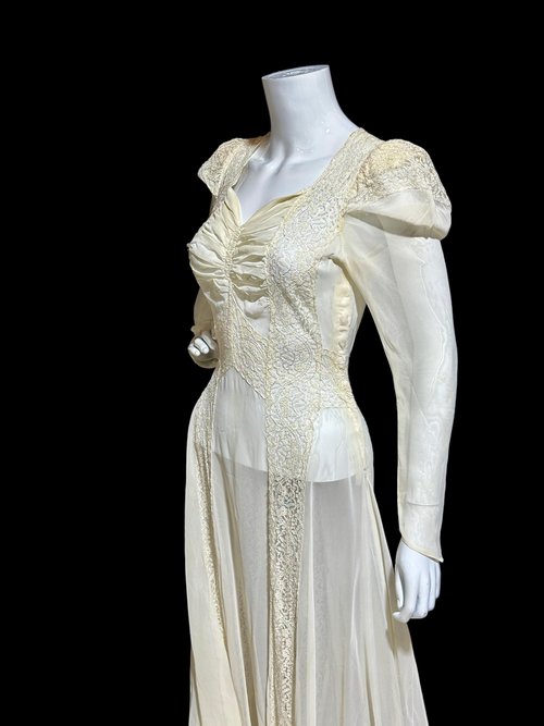 1940s vintage wedding dress, sheer white long sleeve sheath slip gown with train