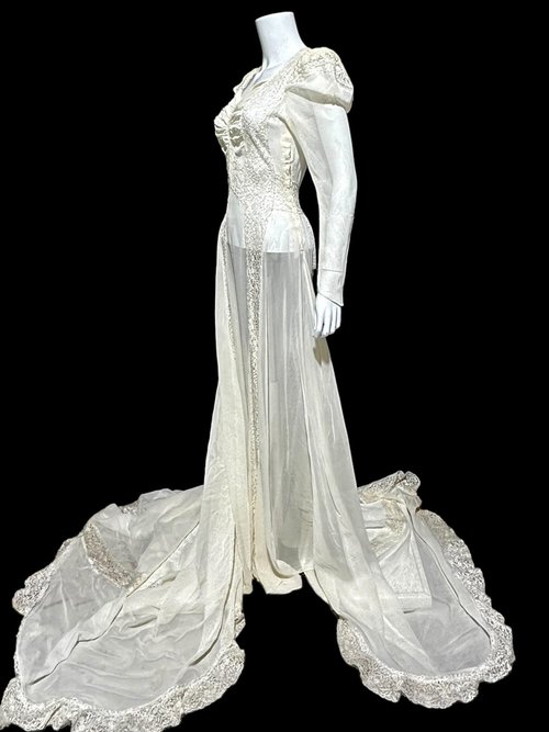 1940s vintage wedding dress, sheer white long sleeve sheath slip gown with train