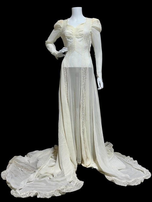 1940s vintage wedding dress, sheer white long sleeve sheath slip gown with train