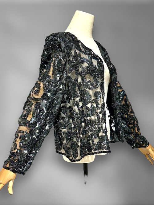 1980s vintage evening jacket, sheer black sequin cocktail party coat, long sleeves hook front, Dynasty Glam, 40 bust