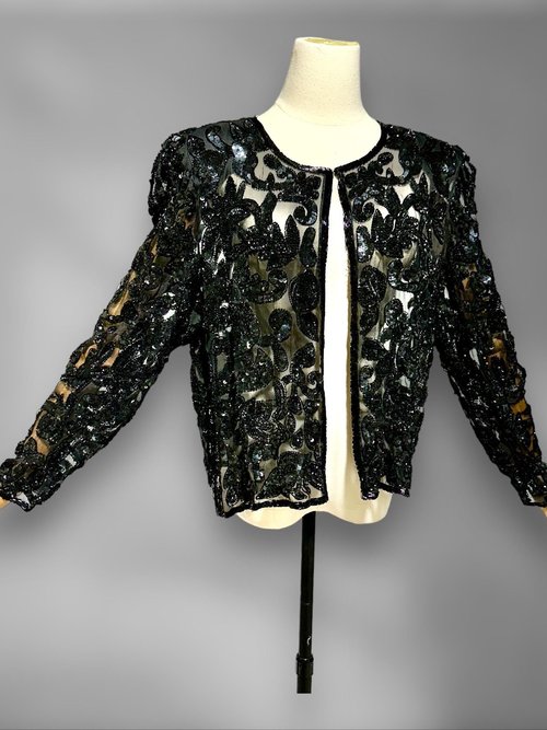 1980s vintage evening jacket, sheer black sequin cocktail party coat, long sleeves hook front, Dynasty Glam, 40 bust