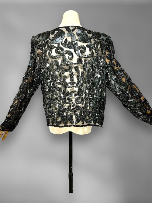 1980s vintage evening jacket, sheer black sequin cocktail party coat, long sleeves hook front, Dynasty Glam, 40 bust