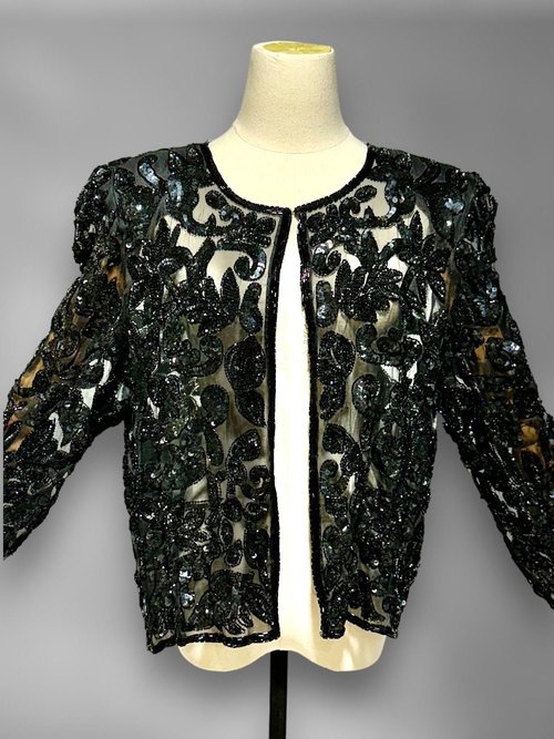 1980s vintage evening jacket, sheer black sequin cocktail party coat, long sleeves hook front, Dynasty Glam, 40 bust