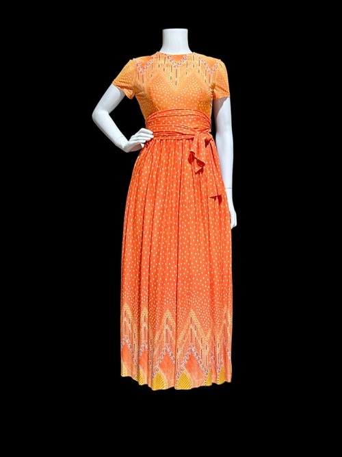 SARMI New York, Vintage Maxi dress, Op Art slinky knit party dress, Orange yellow purple border print gown, New Old Stock, 34 bust