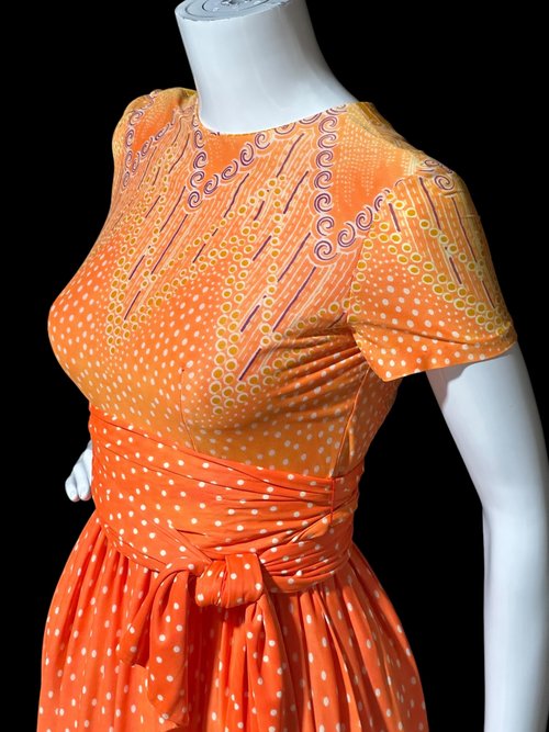 SARMI New York, Vintage Maxi dress, Op Art slinky knit party dress, Orange yellow purple border print gown