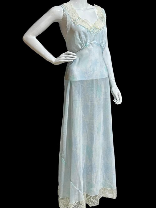 SAAB from I.MAGNIN vintage 1940s nightgown, palest blue floral sheer full length slip dress, Old Hollywood sheer watercolor gown