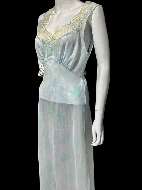 SAAB from I.MAGNIN vintage 1940s nightgown, palest blue floral sheer full length slip dress, Old Hollywood sheer watercolor gown