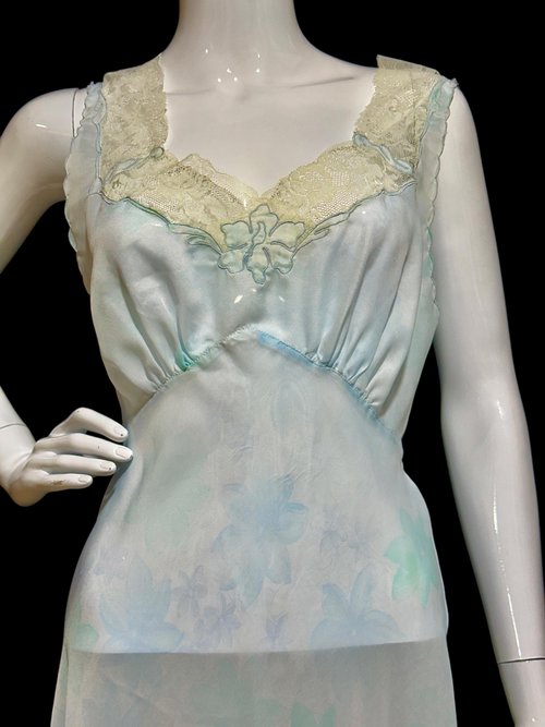 SAAB from I.MAGNIN vintage 1940s nightgown, palest blue floral sheer full length slip dress, Old Hollywood sheer watercolor gown