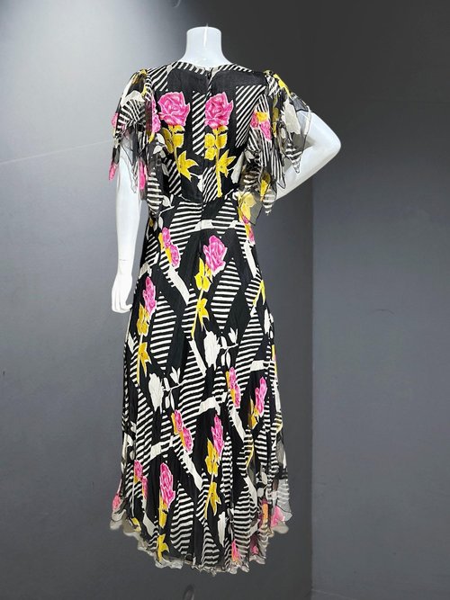 PURPLE PUSSYCAT 1970s vintage maxi dress, sheer black and pink silk rose print maxi dress, flutter sleeves, 34 bust