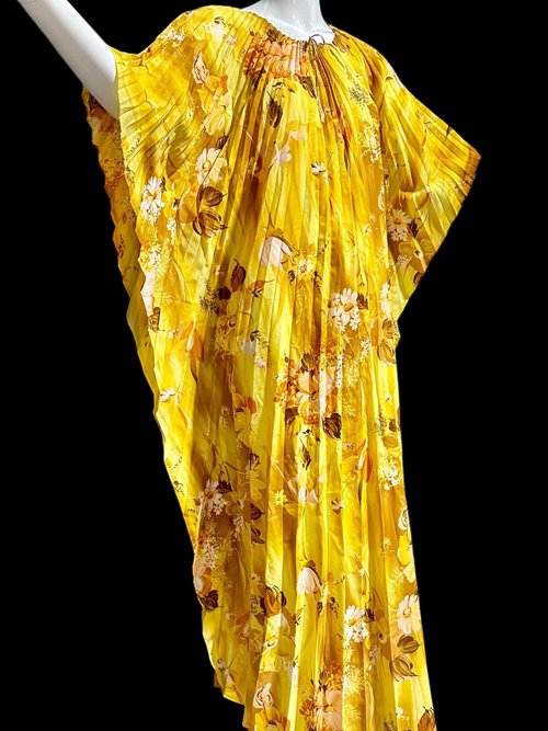 1970s Vintage caftan kaftan dress, Sunny golden yellow accordion pleated floral party hostess gown, one size