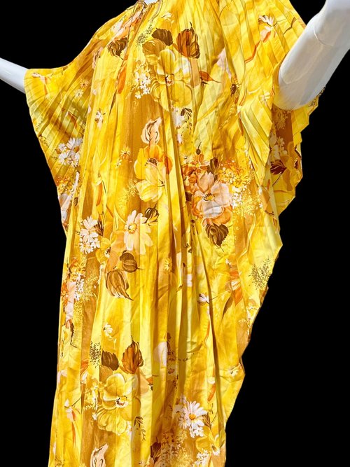 1970s Vintage caftan kaftan dress, Sunny golden yellow accordion pleated floral party hostess gown, one size