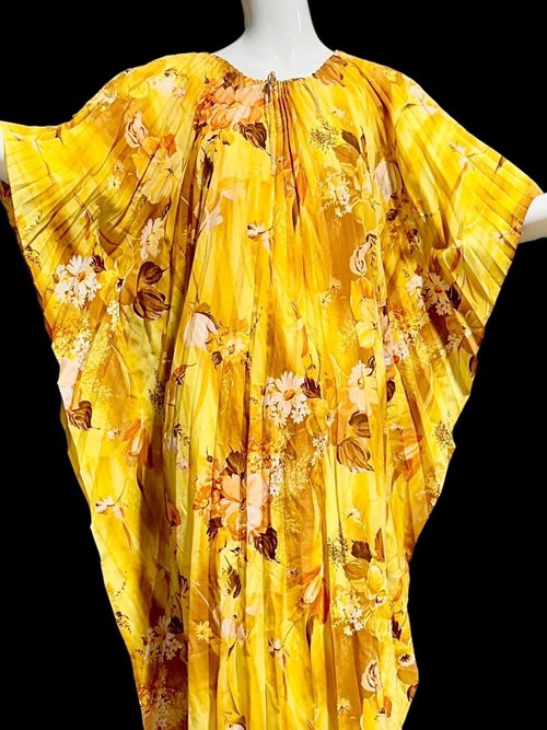 1970s Vintage caftan kaftan dress, Sunny golden yellow accordion pleated floral party hostess gown, one size