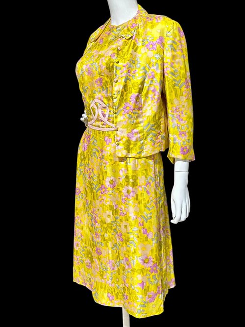 FRANKLIN SHOPS, vintage 1960s dress set, Custom Made 2pc Yellow floral Dinner Ensemble