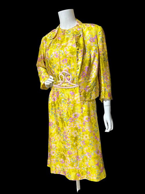 FRANKLIN SHOPS, vintage 1960s dress set, Custom Made 2pc Yellow floral Dinner Ensemble