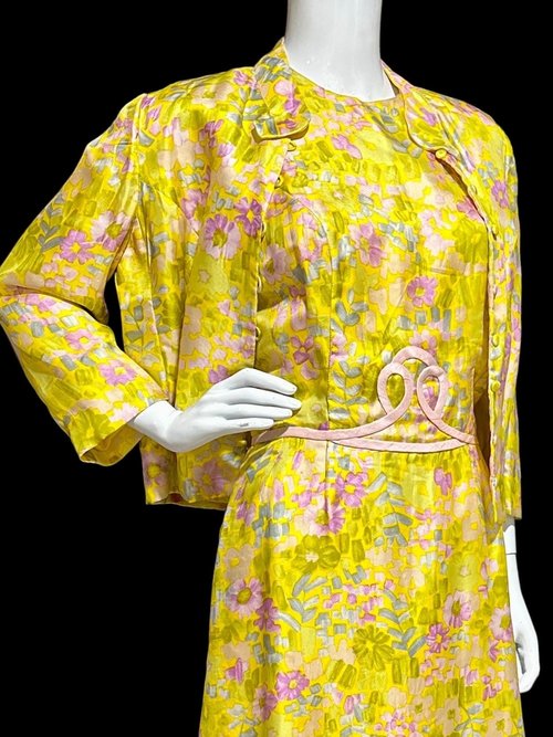 FRANKLIN SHOPS, vintage 1960s dress set, Custom Made 2pc Yellow floral Dinner Ensemble