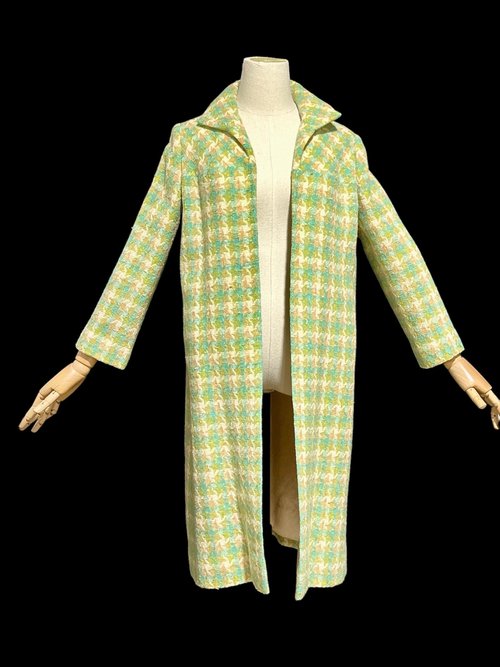 1960s vintage mod duster coat, Open front walking coat, green yellow herringbone tweed, 36 bust