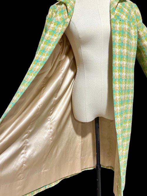 1960s vintage mod duster coat, Open front walking coat, green yellow herringbone tweed, 36 bust