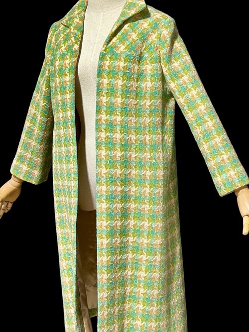 1960s vintage mod duster coat, Open front walking coat, green yellow herringbone tweed, 36 bust