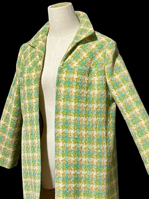 1960s vintage mod duster coat, Open front walking coat, green yellow herringbone tweed, 36 bust