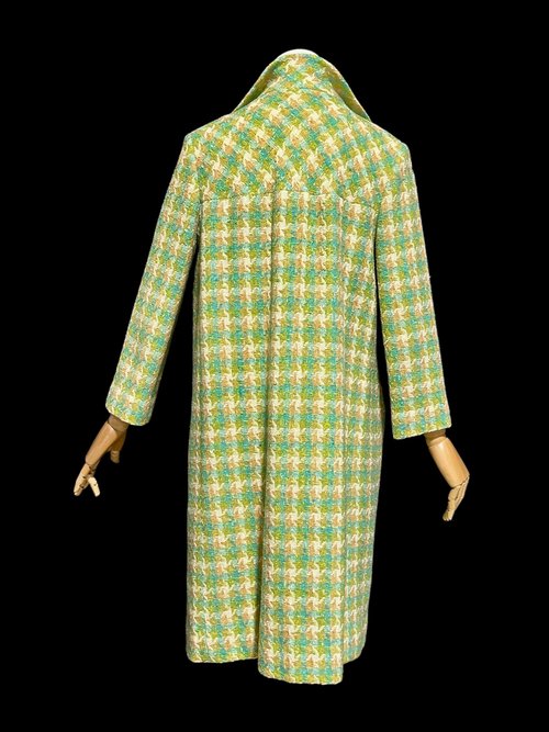 1960s vintage mod duster coat, Open front walking coat, green yellow herringbone tweed, 36 bust