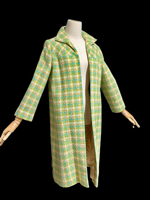 1960s vintage mod duster coat, Open front walking coat, green yellow herringbone tweed, 36 bust