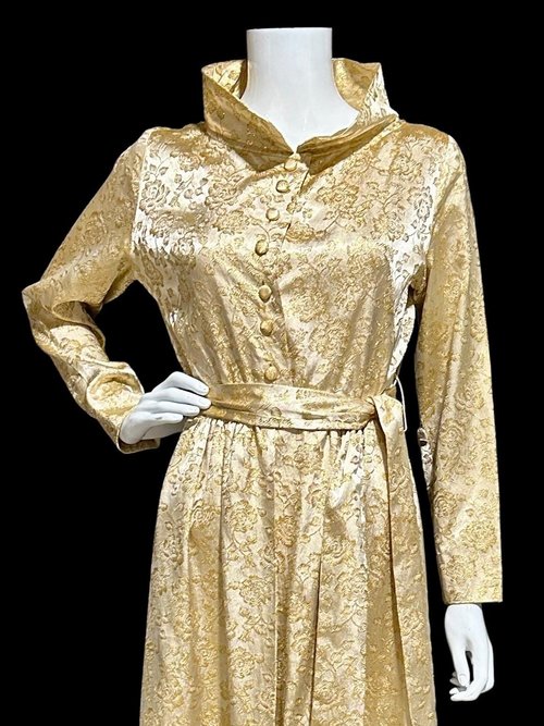 FLOBERT 1940s vintage dressing gown, shiny gold metallic damask button front housecoat hostess dress, 36 bust