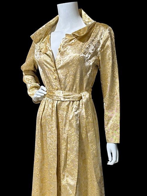 FLOBERT 1940s vintage dressing gown, shiny gold metallic damask button front housecoat hostess dress, 36 bust