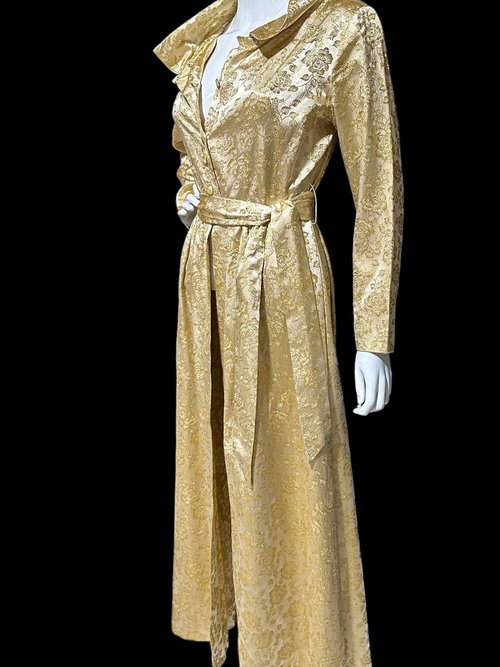 FLOBERT 1940s vintage dressing gown, shiny gold metallic damask button front housecoat hostess dress, 36 bust