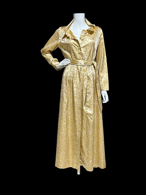 FLOBERT 1940s vintage dressing gown, shiny gold metallic damask button front housecoat hostess dress, 36 bust