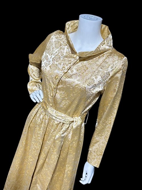 FLOBERT 1940s vintage dressing gown, shiny gold metallic damask button front housecoat hostess dress, 36 bust