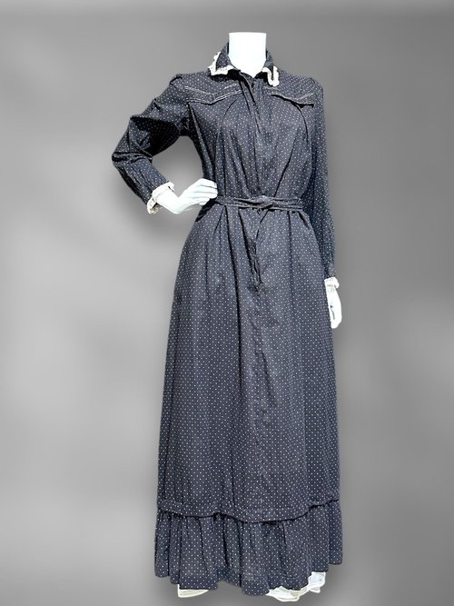 BIBERMAN'S MADE Antique Chore Work Dress, 1800s Black and White dot cotton Prairie day dress, 36 bust