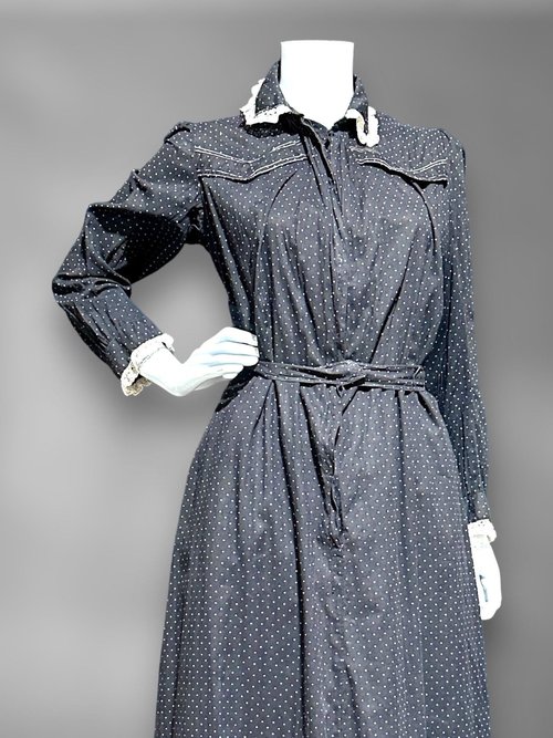 BIBERMAN'S MADE Antique Chore Work Dress, 1800s Black and White dot cotton Prairie day dress, 36 bust