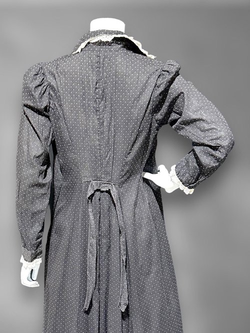 BIBERMAN'S MADE Antique Chore Work Dress, 1800s Black and White dot cotton Prairie day dress, 36 bust