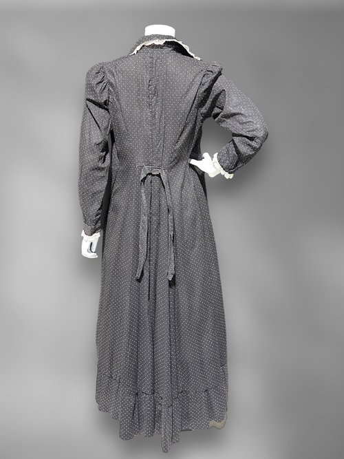 BIBERMAN'S MADE Antique Chore Work Dress, 1800s Black and White dot cotton Prairie day dress, 36 bust